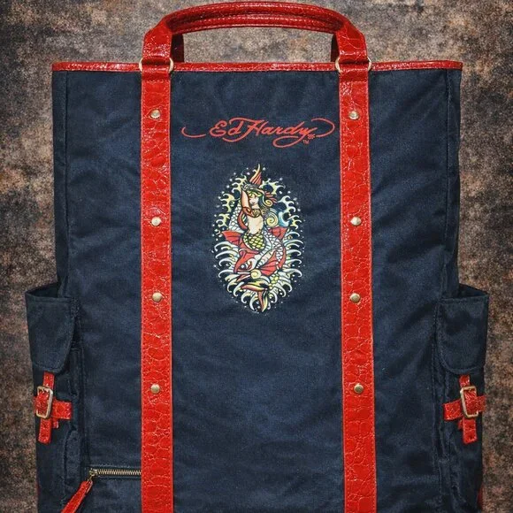 Ed Hardy Dragon Mermaid Tattoo Tote Bag • Red Croc Trim • Y2K Punk Streetwear - Picture 1 of 10